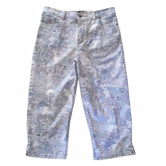 GLORIA VANDERBILT Purple Paisley Capri Jeans Sz 12 Stretch Denim Casual Cropped - Picture 1 of 12
